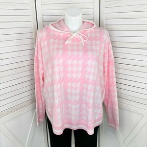Crown & Ivy Houndstooth Hooded Long Sleeve Poncho Sweater Pink White Large